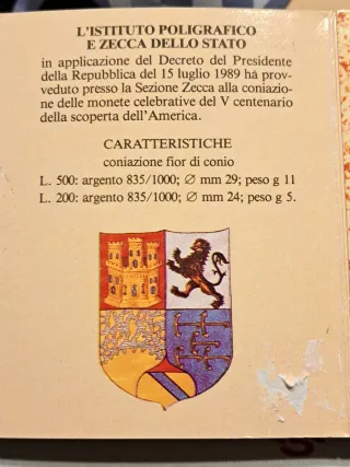 Dittico Argento Italia 1989 V Centenario America