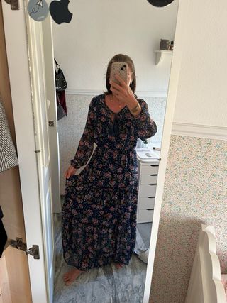 Vestido largo floral azul y rosa