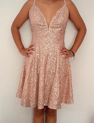 Vestido fiesta lentejuelas rosa oro