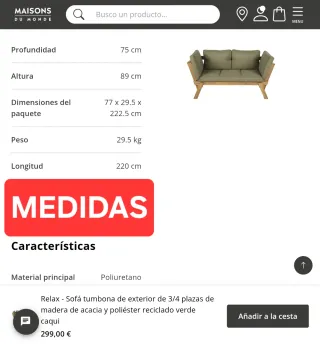 Sofá de madera y tela para exterior