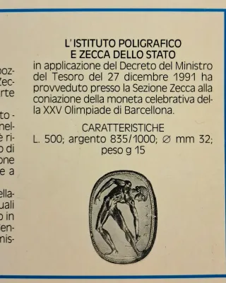 500 Lire Olimpiadi Barcelona 1992 Argento