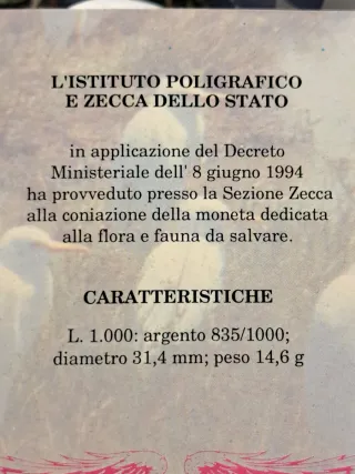 1000 Lire Argento Italia 1994 Flora e Fauna
