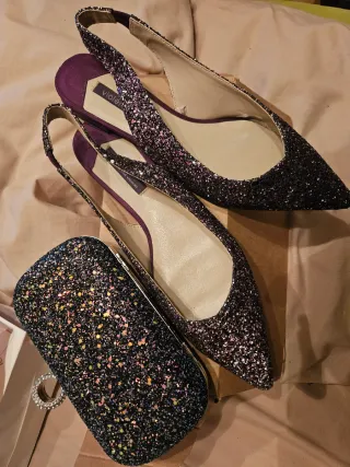 Zapatos fiesta morados y bolso purpurina T41