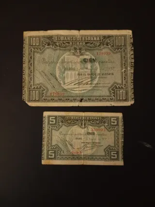 Billetes 5 y 100 pesetas 1937 Bilbao