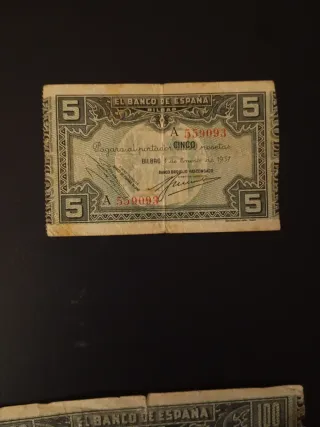 Billetes 5 y 100 pesetas 1937 Bilbao