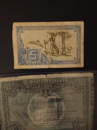 Billetes 5 y 100 pesetas 1937 Bilbao