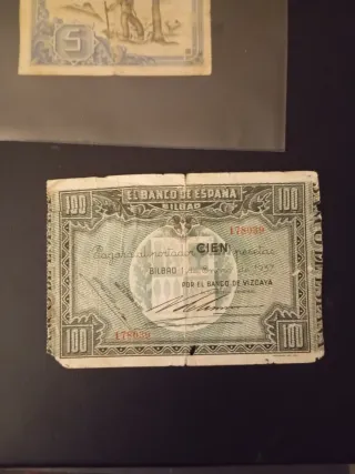 Billetes 5 y 100 pesetas 1937 Bilbao