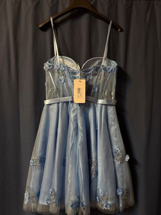 Abito azzurro con brillanti e fiori