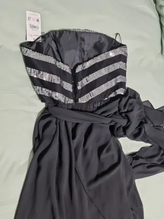 Vestido fiesta largo negro y plateado