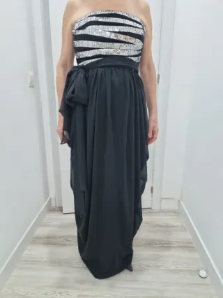 Vestido fiesta largo negro y plateado