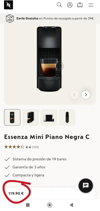 Cafetera Nespresso Essenza Mini Negra
