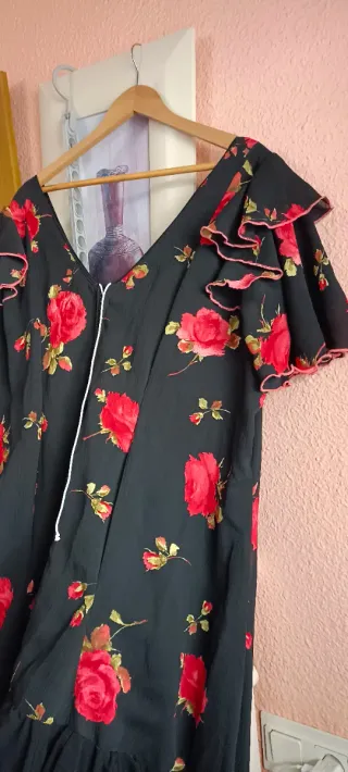 Vestido Gitana Feria Romería Negro Flores Rojas