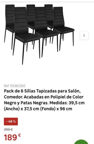 Juego de 5 Sillas Negras Polipiel precio por todas