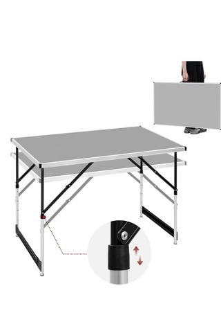 Mesa de camping plegable negra y plateada