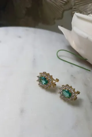 Pendientes Vintage Chapado Oro 18k Cristal Esmeral