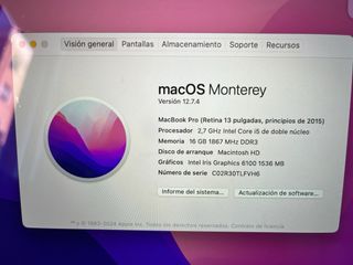 MacBook Pro 13 2015 16GB RAM SSD256 Plata