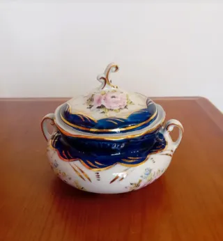 Açucareiro de Porcelana Azul e Dourado