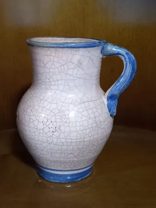 Jarra cerámica antigua Talavera azul y blanco