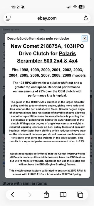 Variador PERFORMANCE NOVO Polaris Scrambler 500cc