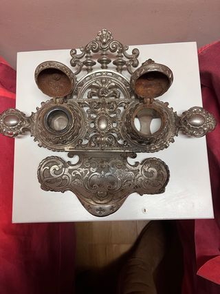 Tintero doble antiguo de metal ornamentado 25 x 33