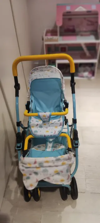 Carrito Gemelar Muñecas Azul y Amarillo