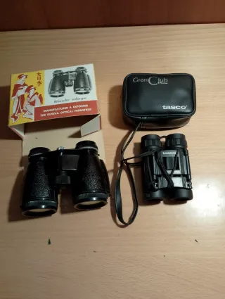 Lote variado: binoculares, armónica, candelabro