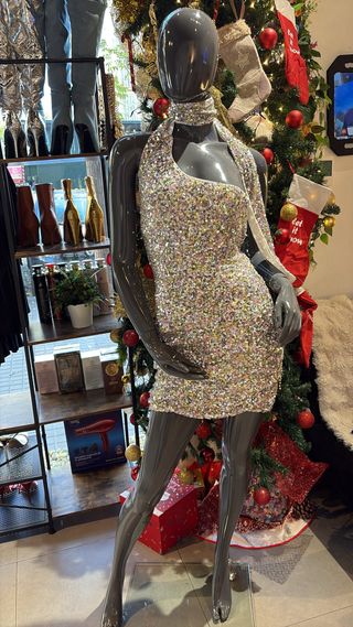 Vestido largo lentejuelas dorado multicolor