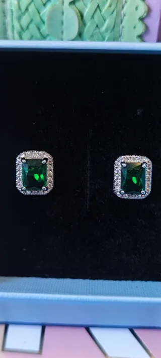 Pendientes Esmeralda Rectangular Plata