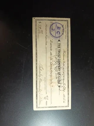Talón Banco Trust Company of Cuba 1956