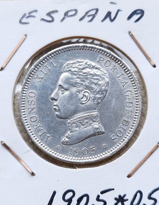 Rare e perfette monete da 2 pesetas in argento 1905*05