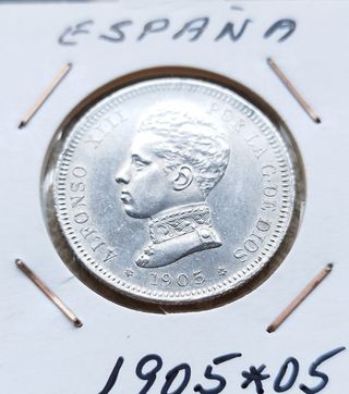 Rare e perfette monete da 2 pesetas in argento 1905*05