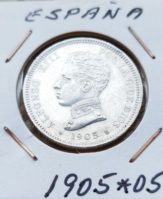 Rare e perfette monete da 2 pesetas in argento 1905*05