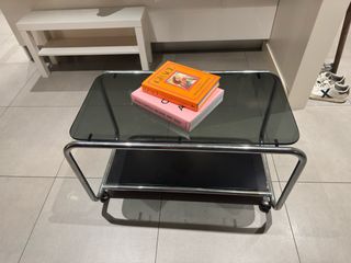 Tavolo vintage in acciaio cromato e vetro