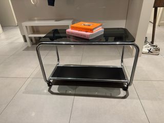 Tavolo vintage in acciaio cromato e vetro