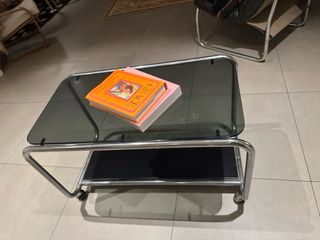Tavolo vintage in acciaio cromato e vetro