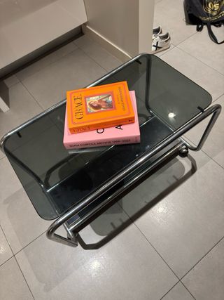 Tavolo vintage in acciaio cromato e vetro