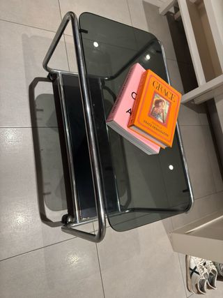 Tavolo vintage in acciaio cromato e vetro