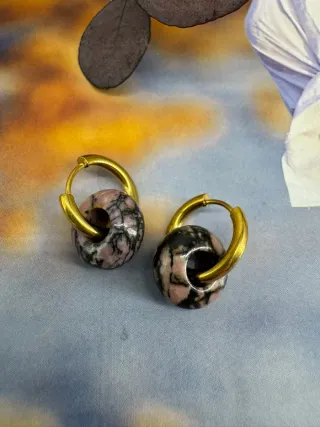 Pendientes Aro Piedra Rosa y Dorados