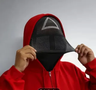 Disfraz mono rojo capucha y cremallera y máscara