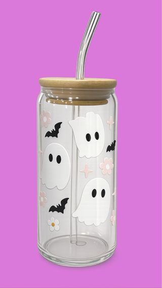 Vaso de vidrio con diseño de fantasmas
