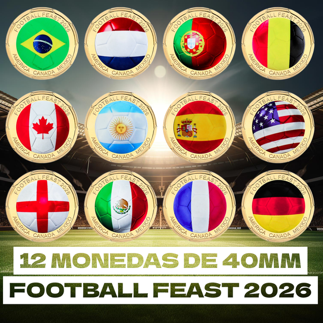 12 MONEDAS FOOTBALL FEAST 2026 BAÑADAS EN ORO