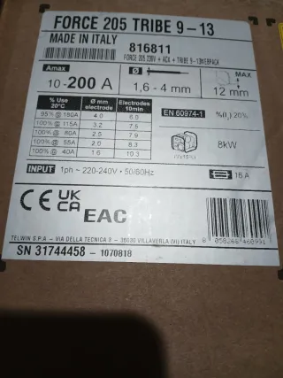 Soldadora Inverter Telwin Force 205 + pantalla aut