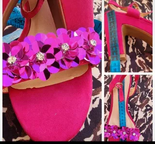 Sandalias tacón fuscia flores 41