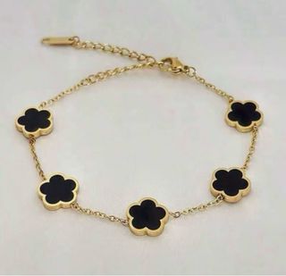 Pulsera Acero Inoxidable Flor Trébol Negra Dorada