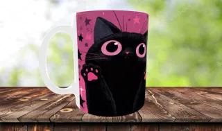 Tazza con gatto nero e stelle rosa