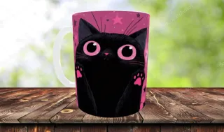 Tazza con gatto nero e stelle rosa