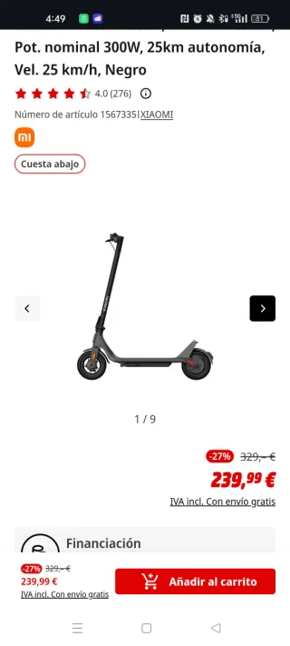 Patinete Eléctrico Xiaomi M365 Negro