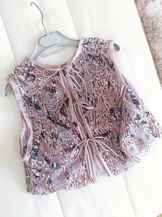 Top blusa lentejuelas rosa lazada espalda