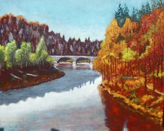 Pintura al óleo paisaje río y puente