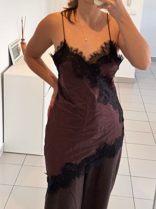 Camisón Mango encaje negro y marrón Talla S